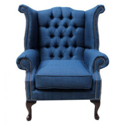 Chesterfield High Back Chair Charles Midnight Blue Linen Fabric In Queen Anne Style - thumbnail 2