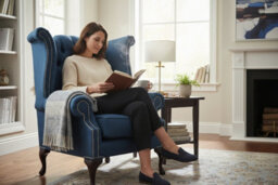 Chesterfield High Back Chair Charles Midnight Blue Linen Fabric In Queen Anne Style - thumbnail 3