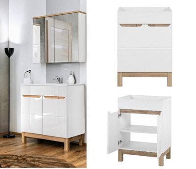Impact Furniture Freestanding Vanity Unit Bathroom 600mm Floor Standing Sink Cabinet White Gloss Oak Effect Bali - image 1