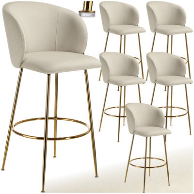 Tectake Bar Stool Luana - With Backrest, Velvet Look And Padded - Cream/gold, Set Of 6 - image 1