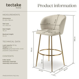 Tectake Bar Stool Luana - With Backrest, Velvet Look And Padded - Cream/gold, Set Of 6 - thumbnail 6