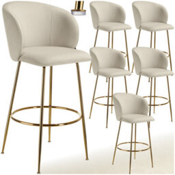 Tectake Bar Stool Luana - With Backrest, Velvet Look And Padded - Cream/gold, Set Of 6