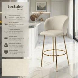 Tectake Bar Stool Luana - With Backrest, Velvet Look And Padded - Cream/gold, Set Of 6 - thumbnail 2