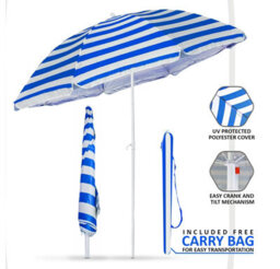 Blue & White Stripe 170Cm Tilting Garden, Patio & Beach Parasol Umbrella Uv Protection Sun Shade - thumbnail 1