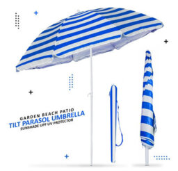 Blue & White Stripe 170Cm Tilting Garden, Patio & Beach Parasol Umbrella Uv Protection Sun Shade - thumbnail 5