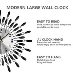 38Cm Diamante Beaded Crystals Quartz Jeweled Wall Clock Home Decor Living Room, Black - thumbnail 3