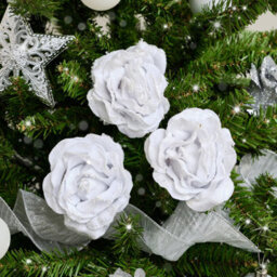 Melody Maison Set Of 3 White Velvet Glitter Rose Clip Christmas Decoration - 10Cm - thumbnail 1