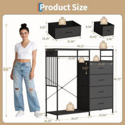 Black 6 Drawer Dresser With Hanging Rack For Bedroom - thumbnail 2