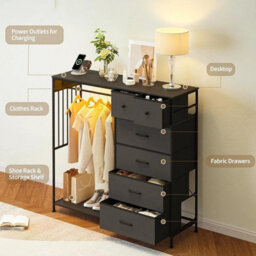 Black 6 Drawer Dresser With Hanging Rack For Bedroom - thumbnail 6