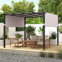 Gainoom Flat Top Pergola 305 X 305Cm Outdoor Grey Pergola W/ Retractable Canopy - thumbnail 3