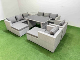 Fimous 10 Seater Wicker Pe Rattan Furniture Outdoor Dining Table 3 Seater Sofa Armchair Set With Side Table 2 Big Stools - thumbnail 2