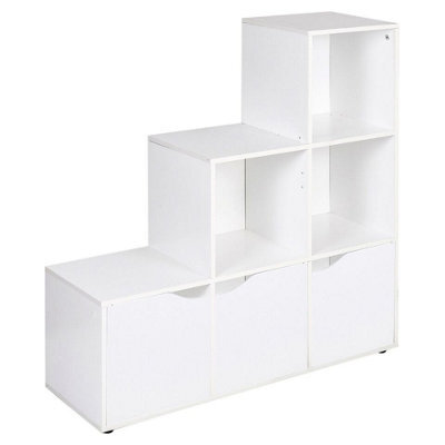 Urbn-Living Urbnliving Height 90.5Cm 6 Cube Step Storage White Bookcase With Doors For Home Office Organizer Display Shelf Unit - image 1