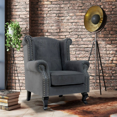 Faux Leather Suede Grey Wing Back Chair With Union Jack Flag - image 1
