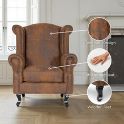 Faux Leather Suede Grey Wing Back Chair With Union Jack Flag - thumbnail 7