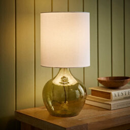 Valuelights Emily Natural Linen Drum Shade Dark Green Glass Teardrop Table Lamp