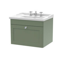 Nuie Classique Wall Hung 1 Drawer Vanity Unit & 3 Tap Hole Fireclay Basin, Stylish Sink Vanity Unit In Satin Green With White - thumbnail 1