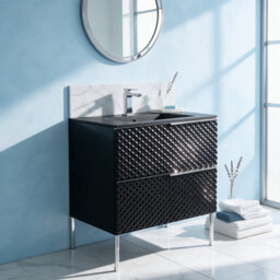 Bathroom City Elvia 600mm Black Vanity Unit With Black Ceramic Basin - Diamond Front Sink Cabinet, 2 Soft-Close Drawers - Chrome Handle - thumbnail 2