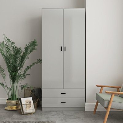 Urbn-Living Urbnliving Height 180Cm Glossy Grey Carcass & Grey Drawers Tall 2 Door Wardrobe Bedroom Storage Hanging Rail Modern Furniture - image 1