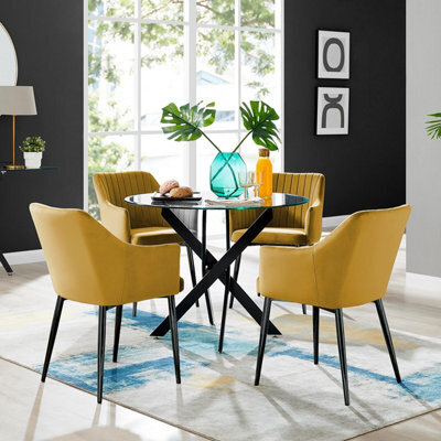 Furniturebox Uk Novara Black Leg Round Glass Dining Table & 4 Mustard Calla Black Leg Chairs