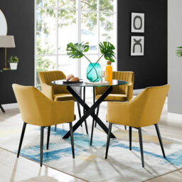 Furniturebox Uk Novara Black Leg Round Glass Dining Table & 4 Mustard Calla Black Leg Chairs - thumbnail 1