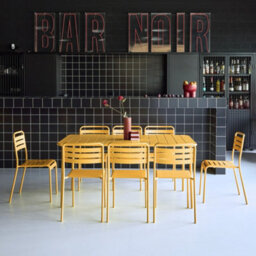 Sweeek - 8-Seater Metal Garden Table With 8 Chairs Yellow Ochre 160X90X72.5 Cm - Amelia - thumbnail 1