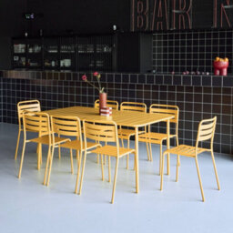 Sweeek - 8-Seater Metal Garden Table With 8 Chairs Yellow Ochre 160X90X72.5 Cm - Amelia - thumbnail 4