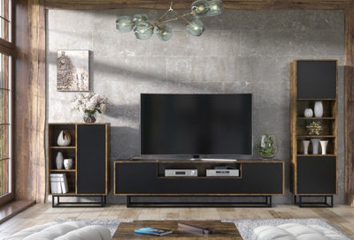 Living Room Tv Unit 200Cm Set Loft Rustic & Black Matt Doors - Creative Furniture - image 1