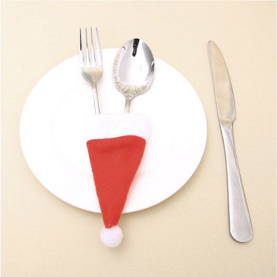 Neel Blue Christmas Cutlery Holder Felt Fleece Santa Hat, Red With White Pom Pom - image 1