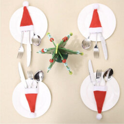 Neel Blue Christmas Cutlery Holder Felt Fleece Santa Hat, Red With White Pom Pom - thumbnail 4