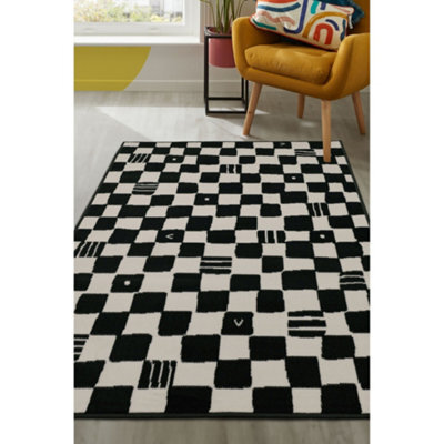 Melrose Fun Checkered Black White Chessboard Style Design Indoor Medium Area Rug 120X170Cm - image 1