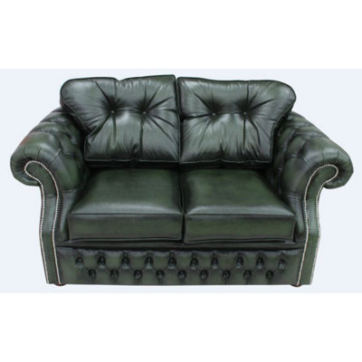 Chesterfield 2 Seater Antique Green Leather Sofa Settee Bespoke In Era Style - image 1