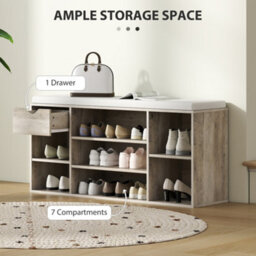 Homcom Shoe Storage Cabinet Bench W/ Cushion Adjustable Shelves Grey - thumbnail 4