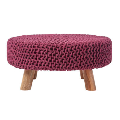 Homescapes Plum Large Round Cotton Knitted Footstool On Legs - image 1