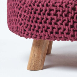 Homescapes Plum Large Round Cotton Knitted Footstool On Legs - thumbnail 4