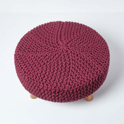 Homescapes Plum Large Round Cotton Knitted Footstool On Legs - thumbnail 3