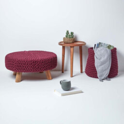 Homescapes Plum Large Round Cotton Knitted Footstool On Legs - thumbnail 6
