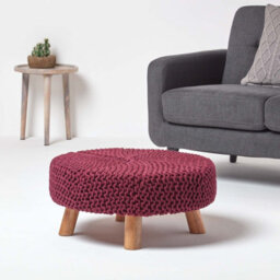 Homescapes Plum Large Round Cotton Knitted Footstool On Legs - thumbnail 2