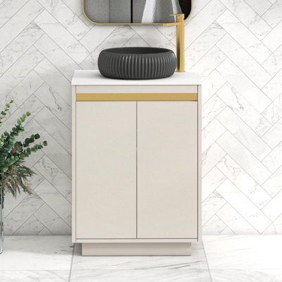 Royal Bathrooms Orion 600mm Warm Taupe Floor Standing Plain White Countertop Vanity Unit 2 Door With Milan Black Basin & Brushed Brass Accent Trim - image 1