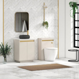 Royal Bathrooms Orion 600mm Warm Taupe Floor Standing Plain White Countertop Vanity Unit 2 Door With Milan Black Basin & Brushed Brass Accent Trim - thumbnail 3