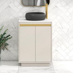 Royal Bathrooms Orion 600mm Warm Taupe Floor Standing Plain White Countertop Vanity Unit 2 Door With Milan Black Basin & Brushed Brass Accent Trim - thumbnail 2