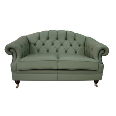 Chesterfield 2 Seater Pea Green Leather Sofa Settee Custom Made In Victoria Style - image 1
