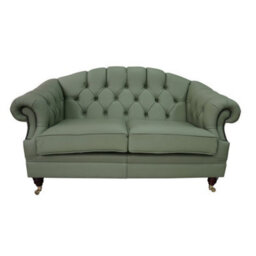 Chesterfield 2 Seater Pea Green Leather Sofa Settee Custom Made In Victoria Style - thumbnail 1