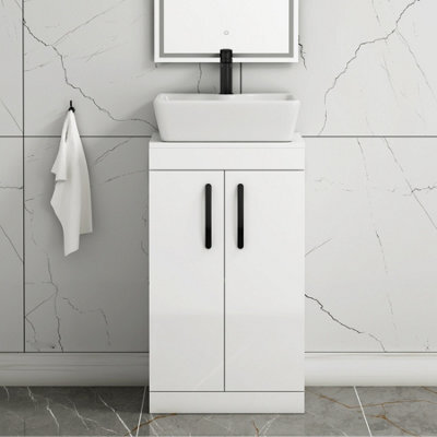 Royal Bathrooms 500mm Floor Standing Vanity Unit 2 Door Gloss White & Countertop Basin - Cube With Matt Black Handle - image 1