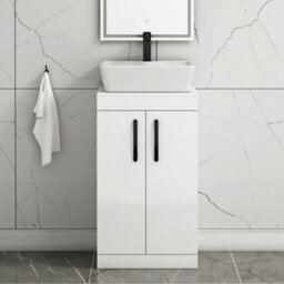 Royal Bathrooms 500mm Floor Standing Vanity Unit 2 Door Gloss White & Countertop Basin - Cube With Matt Black Handle - thumbnail 1
