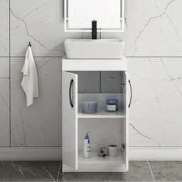 Royal Bathrooms 500mm Floor Standing Vanity Unit 2 Door Gloss White & Countertop Basin - Cube With Matt Black Handle - thumbnail 3