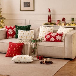 Amorly 2Pcs 18X18In Christmas Tree Cushion Covers, Red Throw Pillow Cases With Gold Glitter Snowflake, Not Included For Sofa Bed Decor - thumbnail 7