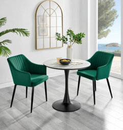 Furniturebox Uk Elina White Marble Effect Round Dining Table & 2 Green Calla Black Leg Chairs - thumbnail 1