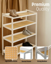 Keplin 4 Tier Bamboo And Rattan Shoe Rack Organiser, Compact Design For Hallway, Stylish And Functional Storage- White And Natural - thumbnail 4