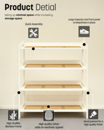 Keplin 4 Tier Bamboo And Rattan Shoe Rack Organiser, Compact Design For Hallway, Stylish And Functional Storage- White And Natural - thumbnail 5