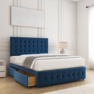 Bsspoke Eva Divan Bed Set Blue Plush Velvet 24Inch Headboard & Footboard & 4 Drawers & Orthopaedic Mattress In All Sizes - image 1